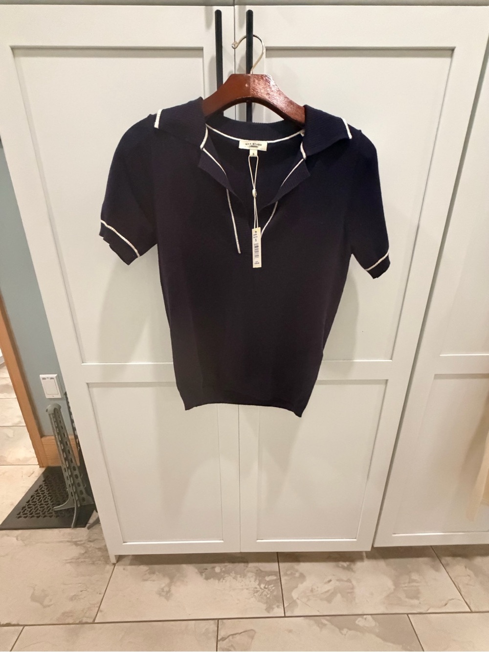 Max Studio London Knit Polo Top S Navy Ivory NWT